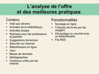 L’analyse de l’offre et des meilleures pratiques  Contenu Aide aux devoirs Activités de la bibliothèque Activités locales Rubrique pour les professeurs et parents Suggestions de lecture Sécurité sur Internet Bibliothécaire en ligne Jeux Bases de données Médiagraphies Contenus créés par les enfants Fonctionnalités Sondage en ligne Critiques de livres par les usagers Clavardage ou courriel avec un bibliothécaire Fils RSS 
