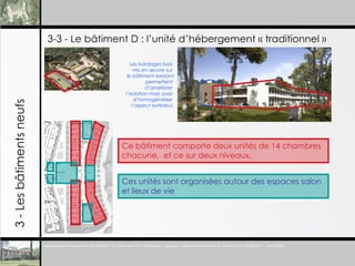 3-3 - Le b âtiment D : l’unité d’hébergement « traditionnel » 3 - Les b âtiments neufs Les bardages bois  mis en œuvre sur  le b âtiment existant permettent  d’améliorer  l’isolation mais aussi  d’homogénéiser  l’aspect extérieur. Ce b âtiment comporte deux unités de 14 chambres  chacune,  et ce sur deux niveaux. Ces unités sont organisées autour des espaces salon et lieux de vie  
