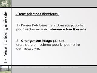 1 - Présentation générale - Deux principes directeurs :   1 - Penser l’établissement dans sa globalité pour lui donner une  cohérence fonctionnelle . 2 -  Changer son image  par une architecture moderne pour lui permettre de mieux vivre. 