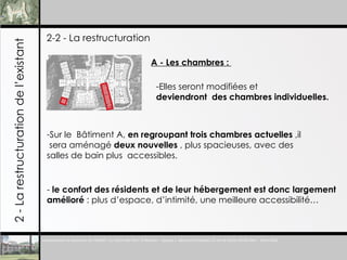 2-2 - La restructuration 2 - La restructuration de l’existant A - Les chambres :  Elles seront modifiées et deviendront  des chambres individuelles. -  le confort des résidents et de leur hébergement est donc largement amélioré  : plus d’espace, d’intimité, une meilleure accessibilité…  Sur le  B âtiment A,  en regroupant trois chambres actuelles  ,il  sera aménagé  deux nouvelles  , plus spacieuses, avec des  salles de bain plus  accessibles.  