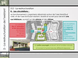 2-2 - La restructuration 2 - La restructuration de l’existant B - Les circulations :  Le fonctionnement s’organisera désormais autour de l’axe Nord/Sud créé, et de l’axe Est/Ouest existant, éclaté et ouvert pour devenir  une rue intérieure , ouvrant sur des  places  et des  vitrines .   Les circulations  s’ouvrent sur  des  espaces  essentiels de  vie  communautaire :  atelier  d’animation,  salle à manger… Les  patios paysagés  amènent air et lumière naturels, et ouvrent d’autant plus les différents espaces .   La cafétéria, lieu d ’animation  et de rencontres , est placée  au centre  de ces  deux axes.  