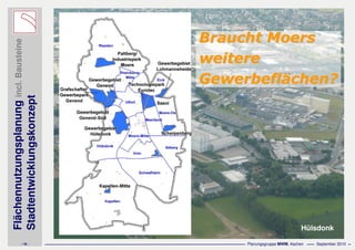Flächennutzungsplanungincl.Bausteine
Stadtentwicklungskonzept
- 18 - Planungsgruppe MWM, Aachen September 2010
Braucht MoersBraucht Moers
weitereweitere
GewerbeflGewerbefläächen?chen?
Hülsdonk
 