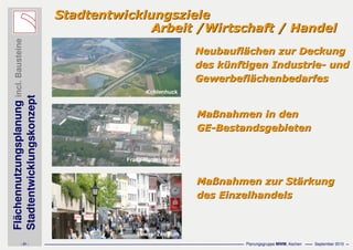 Flächennutzungsplanungincl.Bausteine
Stadtentwicklungskonzept
- 21 - Planungsgruppe MWM, Aachen September 2010
StadtentwicklungszieleStadtentwicklungsziele
MaMaßßnahmen in dennahmen in den
GEGE--BestandsgebietenBestandsgebieten
NeubauflNeubaufläächen zur Deckungchen zur Deckung
des kdes küünftigen Industrienftigen Industrie-- undund
GewerbeflGewerbefläächenbedarfeschenbedarfes
MaMaßßnahmen zur Stnahmen zur Stäärkungrkung
des Einzelhandelsdes Einzelhandels
Moers- Zentrum
Franz-Haniel-Straße
Arbeit /Wirtschaft / HandelArbeit /Wirtschaft / Handel
Kohlenhuck
 