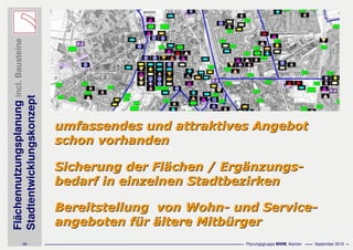 Flächennutzungsplanungincl.Bausteine
Stadtentwicklungskonzept
- 23 - Planungsgruppe MWM, Aachen September 2010
umfassendes und attraktives Angebotumfassendes und attraktives Angebot
schon vorhandenschon vorhanden
Sicherung der FlSicherung der Fläächen /chen / ErgErgäänzungsnzungs--
bedarfbedarf in einzelnen Stadtbezirkenin einzelnen Stadtbezirken
BereitstellungBereitstellung vonvon WohnWohn-- undund ServiceService--
angebotenangeboten ffüürr äältereltere MitbMitbüürgerrger
 