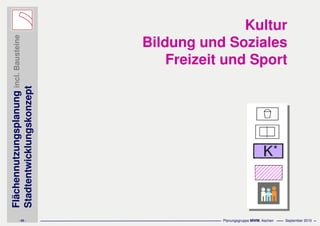 Flächennutzungsplanungincl.Bausteine
Stadtentwicklungskonzept
- 65 - Planungsgruppe MWM, Aachen September 2010
Kultur
Bildung und Soziales
Freizeit und Sport
 