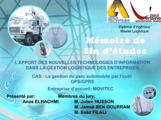 Mémoire de
fin d’études
L’APPORT DES NOUVELLES TECHNOLOGIES D’INFORMATION
DANS LA GESTION LOGISTIQUE DES ENTREPRISES
CAS : La gestion du parc automobile par l’outil
GPS/GPRS
Présenté par:
Anas ELHACHMI
Membres du jury:
M. Julien HUSSON
M. Jamaâ BEN GOURRAM
M. Saâd FILALI
Diplôme d’ingénieur
Master Logistique
Entreprise d’accueil: MOVITEC
 