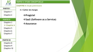 PARTIE II: ETUDE CONCEPTUELLE

                CHAPITRE 4: Etude préliminaire
PARTIE I
                    4.1 Cahier de charges
 Chapitre 1
 Chapitre 2             Progiciel
PARTIE II               SaaS (Software as a Service)
 Chapitre 3
                        Assurance
  Chapitre 4
 Chapitre 5
 Chapitre 6
 Chapitre 7


PARTIE III
 Chapitre 8
 Chapitre 9
 Chapitre 10
 
