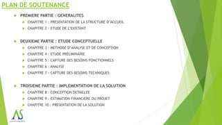 PLAN DE SOUTENANCE
      PREMIERE PARTIE : GENERALITES
          CHAPITRE 1 : PRESENTATION DE LA STRUCTURE D’ACCUEIL
          CHAPITRE 2 : ETUDE DE L’EXISTANT


      DEUXIEME PARTIE : ETUDE CONCEPTUELLE
          CHAPITRE 3 : METHODE D’ANALYSE ET DE CONCEPTION
          CHAPITRE 4 : ETUDE PRELIMINAIRE
          CHAPITRE 5 : CAPTURE DES BESOINS FONCTIONNELS
          CHAPITRE 6 : ANALYSE
          CHAPITRE 7 : CAPTURE DES BESOINS TECHNIQUES


      TROISIEME PARTIE : IMPLEMENTATION DE LA SOLUTION
          CHAPITRE 8 : CONCEPTION DETAILLEE
          CHAPITRE 9 : ESTIMATION FINANCIERE DU PROJET
          CHAPITRE 10 : PRESENTATION DE LA SOLUTION
 