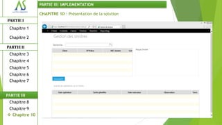 PARTIE III: IMPLEMENTATION

                CHAPITRE 10 : Présentation de la solution
PARTIE I
 Chapitre 1

 Chapitre 2

PARTIE II
 Chapitre 3
 Chapitre 4
 Chapitre 5
 Chapitre 6
 Chapitre 7


PARTIE III
 Chapitre 8
 Chapitre 9
 Chapitre 10
 