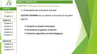 PARTIE I: GENERALITES

               CHAPITRE 1: Présentation de la structure d’accueil
PARTIE I
                   1.1 Présentation de la structure d’accueil
 Chapitre 1

 Chapitre 2        AUSTINS SEPORINI est un cabinet d’actuariat et de génie
                   logiciel.
PARTIE II
 Chapitre 3
 Chapitre 4             Conseils et études techniques
 Chapitre 5             Formations et gestion d’intérim
 Chapitre 6
                        Solutions logicielles et technologiques
 Chapitre 7


PARTIE III
 Chapitre 8
 Chapitre 9
 Chapitre 10
 