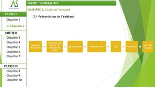 PARTIE I: GENERALITES

                CHAPITRE 2: Etude de l’existant
PARTIE I
                    2.1 Présentation de l’existant
 Chapitre 1

  Chapitre 2

PARTIE II
 Chapitre 3
 Chapitre 4                    réception du
                 signature       cahier de                                                   suivi du
 Chapitre 5                                   paramétrage   déploiement   test   formation
                 du contrat     charges du                                                   client
                                   client
 Chapitre 6
 Chapitre 7


PARTIE III
 Chapitre 8
 Chapitre 9
 Chapitre 10
 