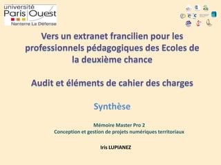 Vers un extranet francilien pour les
professionnels pédagogiques des Ecoles de
la deuxième chance
Audit et éléments de cahier des charges

Synthèse
Mémoire Master Pro 2
Conception et gestion de projets numériques territoriaux
Iris LUPIANEZ

 