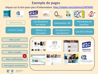 Exemple de pages
cliquer sur le lien pour plus d’information https://stipple.com/a/photos/53876043

Les disciplines
en réseau

Les E2C en Europe

Evénements IDF

Thématique de
Insertion

Métiers et
formation

Moteur de recherche

Entreprises et
recrutement

Les E2C à l’étude

Mon profil

Mes groupes
Mon compte
2

Mes notifications
Messagerie instantanée
14

 
