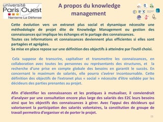 A propos du knowledge
management
Cette évolution vers un extranet plus social et dynamique nécessite une
méthodologie de projet dite de Knowledge Management ou gestion des
connaissances qui implique les échanges et le partage des connaissances.
Toutes ces informations et connaissances deviennent plus efficientes si elles sont
partagées et agrégées.
Sa mise en place repose sur une définition des objectifs à atteindre par l’outil choisi.

Cela suppose de transcrire, capitaliser et transmettre les connaissances, en
collaboration avec toutes les personnes ou représentants des structures, et la
recherche d’une prise en compte globale des besoins en garantit le succès. En
concernant le maximum de salariés, elle pourra s’avérer incontournable. Cette
définition des objectifs de l’extranet plus « social » nécessite d’être validée par les
décideurs des parties prenantes au projet.
Afin d’identifier les connaissances et les pratiques à mutualiser, il conviendrait
d’analyser par une consultation encore plus large des salariés des E2C leurs besoins
ainsi que les objectifs des connaissances à gérer. Avec l’appui des décideurs qui
valoriseront la participation des salariés volontaires, la constitution de groupe de
travail permettra d’organiser et de porter le projet.
15

 