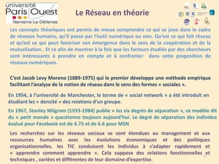 Le Réseau en théorie
Les concepts théoriques ont permis de mieux comprendre ce qui se joue dans le cadre
de réseaux humains, qu’il passe par l’outil numérique ou non. Qu’est ce qui fait réseau
et qu’est ce qui peut favoriser son émergence dans le sens de la coopération et de la
mutualisation . Et ce afin de montrer à la fois que les facteurs étudiés par des chercheurs
sont intéressants à prendre en compte et à confronter dans cette proposition de
réseaux numériques.
C’est Jacob Levy Moreno (1889-1975) qui le premier développe une méthode empirique
facilitant l’analyse de la notion de réseau dans le sens des formes « sociales ».
En 1954, à l’université de Manchester, le terme de « social network » a été introduit en
étudiant les « densité » des relations d’un groupe.
En 1967, Stanley Milgram (1933-1984) publie « les six degrés de séparation », ce modèle dit
du « petit monde » questionne toujours aujourd’hui. Le degré de séparation des individus
évalué pour Facebook est de 4.75 et de 6.6 pour MSN
Les recherches sur les réseaux sociaux se sont étendues au management et aux
ressources humaines avec les évolutions économiques et des politiques
organisationnelles. les TIC conduisent les individus à s’adapter rapidement et
« apprendre comment apprendre ». Cela suppose des relations fonctionnelles et
5
techniques , variées et différentes de leur domaine d’expertise.

 
