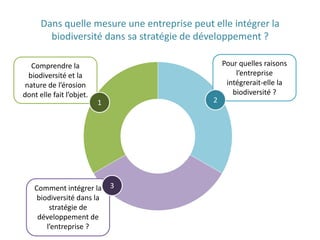 Dans quelle mesure une entreprise peut elle intégrer la biodiversité dans sa stratégie de développement ?Pour quelles raisons l’entreprise intégrerait-elle la biodiversité ?Comprendre la biodiversité et la nature de l’érosion dont elle fait l’objet.213Comment intégrer la biodiversité dans la stratégie de développement de l’entreprise ?