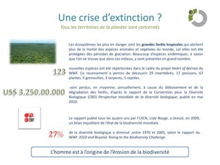 Une crise d’extinction ?Tous les territoires de la planète sont concernés1Les écosystèmes les plus en danger sont les grandes forêts tropicales qui abritent plus de la moitié des espèces animales et végétales du monde, car elles ont été protégées des périodes de glaciation. Beaucoup d’espèces endémiques, à savoir que l’on ne trouve que dans ces milieux, y sont présentes en grand nombre. nouvelles espèces ont été répertoriées dans le cadre du projet Heart of Borneodu WWF. Ce recensement a permis de découvrir 29 invertébrés, 17 poissons, 67 plantes, 5 grenouilles, 3 serpents, 5 reptiles.  sont perdus, en moyenne, annuellement, à cause du déboisement et de la dégradation des forêts, d’après le rapport de la Convention pour la Diversité Biologique (CBD) Perspective mondiale de la diversité biologique, publié en mai 2010.123US$ 3.250.00.000 Le rapport publié tous les quatre ans par l’UICN, Liste Rouge, a dressé, en 2009, un bilan inquiétant de l’état de la biodiversité mondiale. de la diversité biologique a diminué ,entre 1970 et 2005, selon le rapport du WWF 2010 and Beyond: Rising to the BiodiversityChallenge.27%