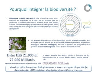Pourquoi intégrer la biodiversité ?2L’entreprise a besoin des services que lui rend la nature pour maintenir et développer son activité: elle les utilisent pour sa production. L'ensemble des espèces de faune et de flore, vivant dans un environnement physique déterminé et interagissant entre elles, forme une unité écologique fonctionnelle dynamique appelée l’écosystème.Les espèces ordinaires sont aussi importantes que les espèces menacées: leurs  échanges avec les milieux qui les accueillent permet la production de processus biologiques (fonctions écologiques), d’assurer la résilience des écosystèmes et de produire les services écologiques, source du bien-être de l’humanité.Entre US$ 21.000 et 72.000 MilliardsLa valeur annuelle des services rendus à l'Homme par les écosystèmes dans le monde(''Planète morte, planète vivante'', PNUE)US$ 58.000 MilliardsMontant du revenu National Brut mondial en 2008