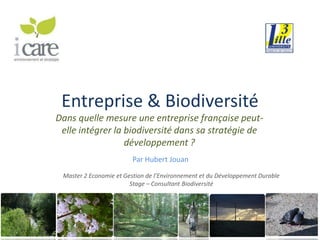Entreprise & Biodiversité Dans quelle mesure une entreprise française peut-elle intégrer la biodiversité dans sa stratégie de développement ? Par Hubert Jouan Master 2 Economie et Gestion de l’Environnement et du Développement Durable Stage – Consultant Biodiversité 