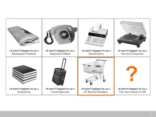 2 
„It won‘t happen to us.“ 
Newspaper Publisher 
„It won‘t happen to us.“ 
Telephone Utilities 
„It won‘t happen to us.“ 
Stockbrokers 
„It won‘t happen to us.“ 
Record Companies 
„It won‘t happen to us.“ Bookstores 
„It won‘t happen to us.“ 
Travel Agencies 
„It won‘t happen to us.“ 
Big Box Retailers 
„It won‘t happen to us.“ 
The next industry to fall 
«It won‘t happen to us.» 
Newspaper Publisher 
«It won‘t happen to us.» 
Telephone Utilities 
«It won‘t happen to us.» Stockbrokers 
«It won‘t happen to us.» Record Companies 
«It won‘t happen to us.» Bookstores 
«It won‘t happen to us.» Travel Agencies 
«It won‘t happen to us.» US Big Box Retailers 
«It won‘t happen to us.» The next industry to fall 
?  