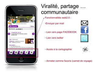 Viralité, partage …  communautaire Fonctionnalités web2.0 : Envoyer par mail Lien vers page FACEBOOK Lien vers twitter Accès à la cartographie Annoter comme favoris (carnet de voyage) 