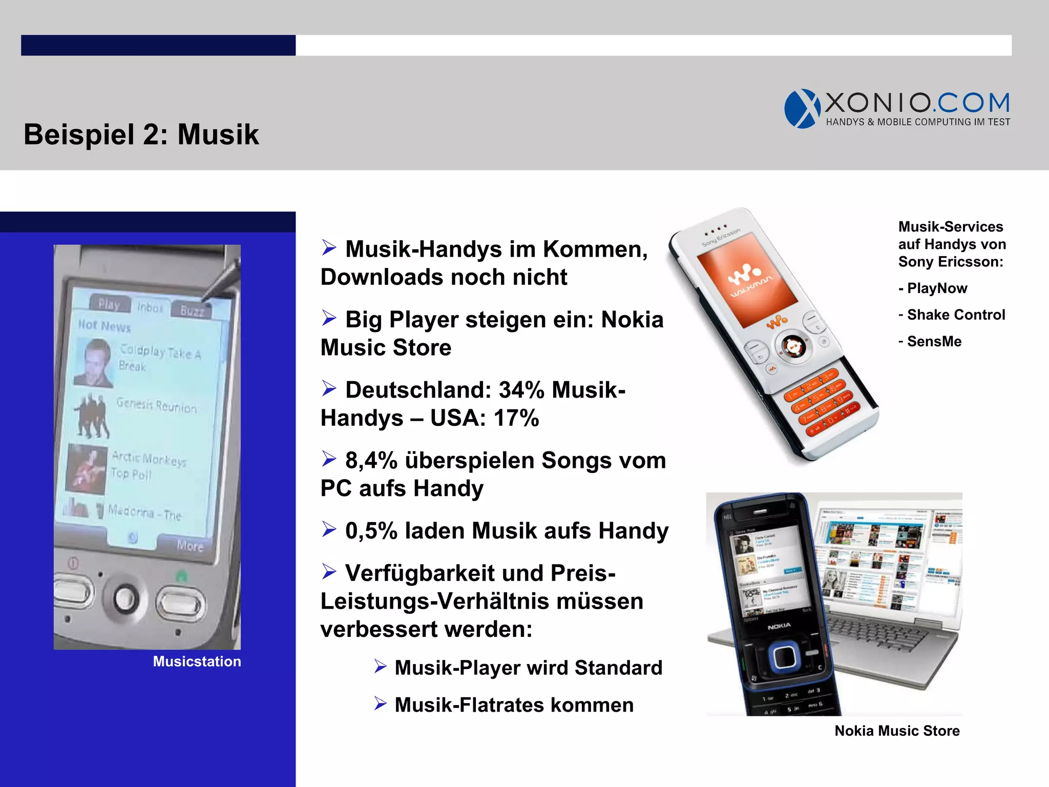 Beispiel 2: Musik Musik-Handys im Kommen, Downloads noch nicht Big Player steigen ein: Nokia Music Store Deutschland: 34% Musik-Handys – USA: 17%  8,4% überspielen Songs vom PC aufs Handy 0,5% laden Musik aufs Handy Verfügbarkeit und Preis-Leistungs-Verhältnis müssen verbessert werden:  Musik-Player wird Standard Musik-Flatrates kommen Musik-Services auf Handys von Sony Ericsson: - PlayNow Shake Control SensMe Musicstation Nokia Music Store 