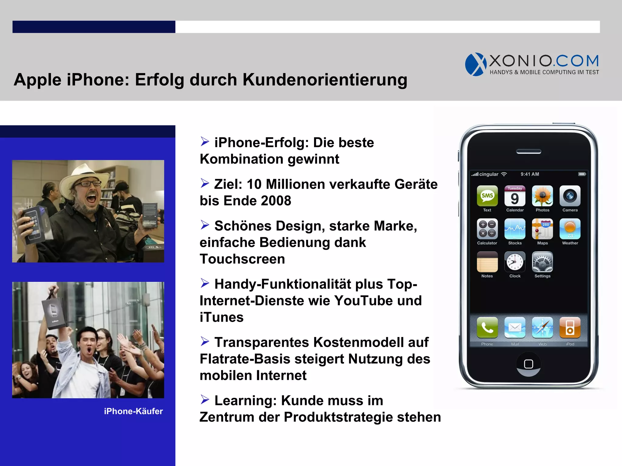 Apple iPhone: Erfolg durch Kundenorientierung iPhone-Erfolg: Die beste Kombination gewinnt Ziel: 10 Millionen verkaufte Geräte bis Ende 2008 Schönes Design, starke Marke, einfache Bedienung dank Touchscreen Handy-Funktionalität plus Top-Internet-Dienste wie YouTube und iTunes Transparentes Kostenmodell auf Flatrate-Basis steigert Nutzung des mobilen Internet Learning: Kunde muss im Zentrum der Produktstrategie stehen iPhone-Käufer 
