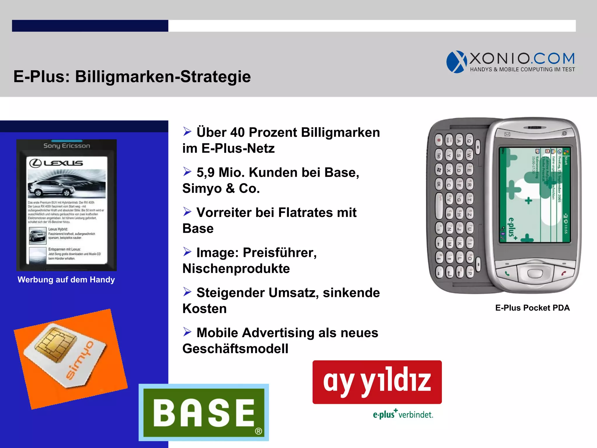 E-Plus: Billigmarken-Strategie E-Plus Pocket PDA Über 40 Prozent Billigmarken im E-Plus-Netz 5,9 Mio. Kunden bei Base, Simyo & Co. Vorreiter bei Flatrates mit Base  Image: Preisführer, Nischenprodukte Steigender Umsatz, sinkende Kosten Mobile Advertising als neues Geschäftsmodell  E-Plus Pocket PDA Werbung auf dem Handy 