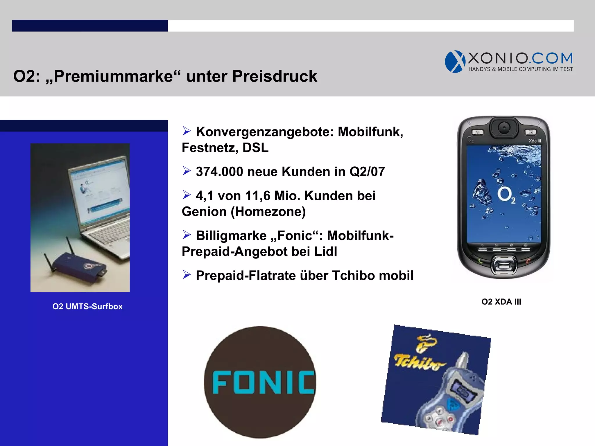 O2: „Premiummarke“ unter Preisdruck Konvergenzangebote: Mobilfunk, Festnetz, DSL 374.000 neue Kunden in Q2/07 4,1 von 11,6 Mio. Kunden bei Genion (Homezone) Billigmarke „Fonic“: Mobilfunk-Prepaid-Angebot bei Lidl Prepaid-Flatrate über Tchibo mobil  O2 XDA III O2 UMTS-Surfbox 