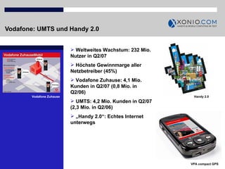 Vodafone: UMTS und Handy 2.0 Vodafone Zuhause Weltweites Wachstum: 232 Mio. Nutzer in Q2/07 Höchste Gewinnmarge aller Netzbetreiber (45%) Vodafone Zuhause: 4,1 Mio. Kunden in Q2/07 (0,8 Mio. in  Q2/06) UMTS: 4,2 Mio. Kunden in Q2/07 (2,3 Mio. in Q2/06)  „ Handy 2.0“: Echtes Internet unterwegs  VPA compact GPS Handy 2.0   