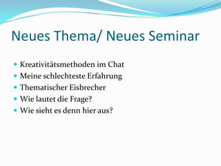 Ziele und Vorteile der MethodeVorbereitung auf das Seminar, sowohl für Teilnehmer, als auch für ModeratorEinblick in die Inhalte für TeilnehmerHinweise für den Moderator auf wichtige ThemenGuter Einstieg für Teilnehmer ohne e-learning Erfahrung