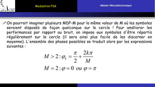 Modulation PSK Master Microélectronique 
On pourrait imaginer plusieurs MDP-M pour la même valeur de M où les symboles 
seraient disposés de façon quelconque sur le cercle ! Pour améliorer les 
performances par rapport au bruit, on impose aux symboles d'être répartis 
régulièrement sur le cercle (il sera ainsi plus facile de les discerner en 
moyenne). L'ensemble des phases possibles se traduit alors par les expressions 
suivantes : 
 2 
 
 2 : 
  
2 
 
k 
 2 :  0 
 
k 
M 
M 
M ou 
   
 