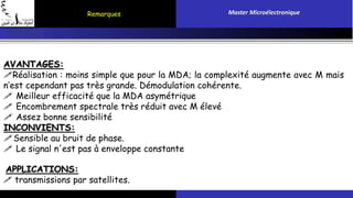 Remarques Master Microélectronique 
AVANTAGES: 
Réalisation : moins simple que pour la MDA; la complexité augmente avec M mais 
n’est cependant pas très grande. Démodulation cohérente. 
 Meilleur efficacité que la MDA asymétrique 
 Encombrement spectrale très réduit avec M élevé 
 Assez bonne sensibilité 
INCONVIENTS: 
Sensible au bruit de phase. 
 Le signal n'est pas à enveloppe constante 
APPLICATIONS: 
 transmissions par satellites. 
 