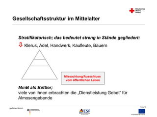 Folie 10 
Gesellschaftsstruktur im Mittelalter 
Stratifikatorisch; das bedeutet streng in Stände gegliedert: 
 Klerus, Adel, Handwerk, Kaufleute, Bauern 
MmB als Bettler; 
viele von ihnen erbrachten die „Dienstleistung Gebet“ für 
Almosengebende 
gefördert durch: 
Missachtung/Ausschluss 
vom öffentlichen Leben 
 