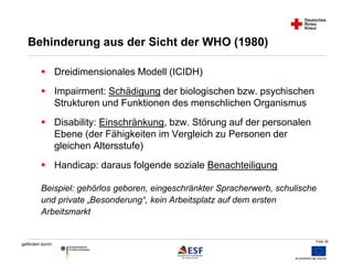 Folie 39 
Behinderung aus der Sicht der WHO (1980) 
 Dreidimensionales Modell (ICIDH) 
 Impairment: Schädigung der biologischen bzw. psychischen 
gefördert durch: 
Strukturen und Funktionen des menschlichen Organismus 
 Disability: Einschränkung, bzw. Störung auf der personalen 
Ebene (der Fähigkeiten im Vergleich zu Personen der 
gleichen Altersstufe) 
 Handicap: daraus folgende soziale Benachteiligung 
Beispiel: gehörlos geboren, eingeschränkter Spracherwerb, schulische 
und private „Besonderung“, kein Arbeitsplatz auf dem ersten 
Arbeitsmarkt 
 