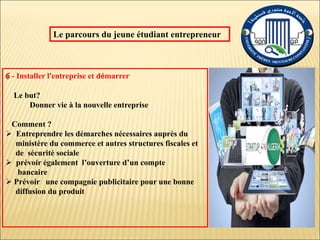 Le parcours du jeune étudiant entrepreneur
- Installer l’entreprise et démarrer
Le but?
Donner vie à la nouvelle entreprise
Comment ?
 Entreprendre les démarches nécessaires auprès du
ministère du commerce et autres structures fiscales et
de sécurité sociale
 prévoir également l’ouverture d’un compte
bancaire
 Prévoir une compagnie publicitaire pour une bonne
diffusion du produit
 
