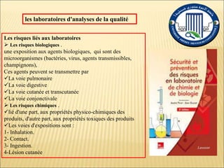 les laboratoires d'analyses de la qualité
Les risques liés aux laboratoires
 Les risques biologiques .
une exposition aux agents biologiques, qui sont des
microorganismes (bactéries, virus, agents transmissibles,
champignons),
Ces agents peuvent se transmettre par
La voie pulmonaire
La voie digestive
La voie cutanée et transcutanée
La voie conjonctivale
 Les risques chimiques .
lié d'une part, aux propriétés physico-chimiques des
produits, d'autre part, aux propriétés toxiques des produits
Les voies d'expositions sont :
1- Inhalation.
2- Contact.
3- Ingestion.
4-Lésion cutanée
 