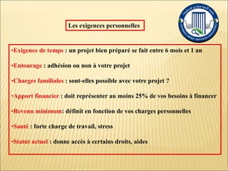 •Exigence de temps : un projet bien préparé se fait entre 6 mois et 1 an
•Entourage : adhésion ou non à votre projet
•Charges familiales : sont-elles possible avec votre projet ?
•Apport financier : doit représenter au moins 25% de vos besoins à financer
•Revenu minimum: définit en fonction de vos charges personnelles
•Santé : forte charge de travail, stress
•Statut actuel : donne accès à certains droits, aides
Les exigences personnelles
 