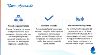 Notre Approche
Prestation personnalisée
Chaque Entreprise est unique,
c'est pourquoi nous nous
engageons à comprendre vos
besoins spécifiques et à
concevoir et présenter des
solutions sur mesure pour
répondre à vos attentes.
Résultats concrets
Notre objectif est d'obtenir des
résultats tangibles. Nous mettons
en place des indicateurs de
performance clés pour évaluer
l'impact de nos interventions et
veiller à ce que vos objectifs
soient atteints.
Collaboration transparente
La communication ouverte et
transparente est la clé d'une
collaboration fructueuse. Nous
nous engageons à maintenir un
dialogue constant avec vous et
votre équipe pour assurer la
réussite de nos projets communs.
 