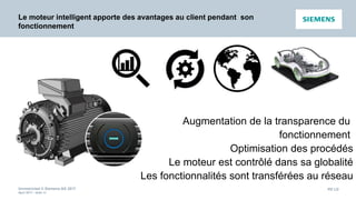 Unrestricted © Siemens AG 2017
April 2017 - slide 30
PD LD
Le moteur intelligent apporte des avantages au client pendant son
fonctionnement
Augmentation de la transparence du
fonctionnement
Optimisation des procédés
Le moteur est contrôlé dans sa globalité
Les fonctionnalités sont transférées au réseau
 