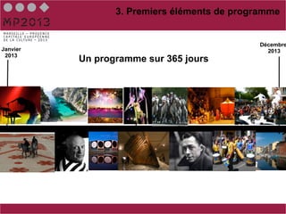 3. Premiers éléments de programme


                                             Décembre
Janvier                                        2013
 2013
          Un programme sur 365 jours



                                             !4
                                !3
 