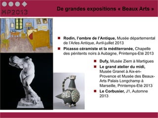 De grandes expositions « Beaux Arts »




n  Rodin, l’ombre de l’Antique, Musée départemental
    de l’Arles Antique, Avril-juillet 2013
n  Picasso céramiste et la méditerranée, Chapelle
    des pénitents noirs à Aubagne, Printemps-Eté 2013
                   n  Dufy, Musée Ziem à Martigues
                   n  Le grand atelier du midi,
                       Musée Granet à Aix-en-
                       Provence et Musée des Beaux-
                       Arts Palais Longchamp à
                       Marseille, Printemps-Eté 2013
                   n  Le Corbusier, J1, Automne
                       2013
 