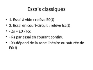 Essais classiques
• 1. Essai à vide : relève E0(J)
• 2. Essai en court-circuit : relève Icc(J)
• - Zs = E0 / Icc
• - Rs par essai en courant continu
• - Xs dépend de la zone linéaire ou saturée de
E0(J)
 