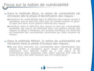 Focus sur la notion de vulnérabilité
Dans la méthode Ebios, la notion de vulnérabilité est
introduite dès la phase d’identification des risques :
Introduire les vulnérabilités dans la définition des risques revient à
considérer que ce sont bien elles que l’on entend évaluer et gérer.
Il s’agit bien alors d’une gestion indirecte des risques.
Introduire dans la définition des risques la liste des vulnérabilités
exploitées est source de difficultés pour une gestion directe des
risques et oblige à introduire une analyse technique (la recherche
de l’ensemble des vulnérabilités concernées par cette situation de
risque).

Dans la méthode Méhari, la notion de vulnérabilité est
introduite dans la phase d’analyse des risques :
Ne pas faire intervenir les vulnérabilités dans l’identification des
risques revient à considérer qu’un risque naît de la simple
conjonction d’un élément d’actif qui a une valeur et de
circonstances dans lesquelles cette valeur pourrait être mise en
cause et que c’est cette situation que l’on entend gérer.

Présentation BPMS

9

 