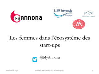 Les femmes dans l’écosystème des
start-ups
@MyAnnona
16 novembre 2015 Beryl Bès, MyAnnona, Tous droits réservés
 