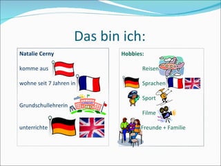 Das bin ich: Natalie Cerny komme aus  wohne seit 7 Jahren in  Grundschullehrerin unterrichte  Hobbies: Reisen Sprachen Sport Filme Freunde + Familie 