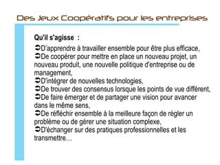 Notre concept



      Nous mettons sur pied des séminaires, des
  programmes de formation et des évènements autour
  d’actions sociales ou environnementales parallèles.
      Et ce, toujours en relation avec votre secteur
   d'activité et la stratégie de développement de votre
                          entreprise.
 