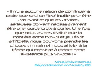 A titre d’exemple :

   Nous pouvons, par exemple, vous aider à monter un projet pour que
   vos collaborateurs contribuent à mettre en place des panneaux
   solaires qui alimenteront une école en électricité.

   Première étape :
   Pendant 2 jours, nous réunissons vos collaborateurs dans le cadre
   d'un séminaire, durant lequel ils coopèrent pour construire le projet
   (même si c'est nous qui apportons les idées et les contacts, il est
   important que ce soit vos collaborateurs qui conçoivent le projet,
   afin qu'ils se l'approprient).
   Ce séminaire sera l’occasion de leur transmettre les bases de la
   coopération et de l'intelligence collective et nous pourrons nous
   servir du projet pour illustrer ces principes.
 