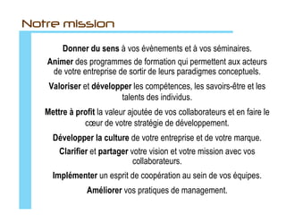 Les défis des organisations du XXIe siècle


    Déjà, les attentes des collaborateurs s'orienteront vers une
    croissance personnelle au service de l'entreprise, alors que
       jusqu'à présent elles étaient sur un modèle de sécurité.
      Des gestionnaires et des dirigeants modifient le mode de
          gestion de leurs organisations, afin de s'adapter à
     l'environnement changeant. Car de nombreux travailleurs,
         cadres et non-cadres, remettent en cause les modes
         traditionnels de gestions et de management dont ils
               subissent les conséquences au quotidien.

           Toute cette réorganisation de l’entreprise
                est un véritable défi collectif !
 