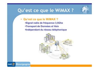Qu’est ce que le WiMAX ?
  Qu’est ce que le WiMAX ?
   Signal radio de fréquence 3,5Ghz
   Transport de Données et Voix
   Indépendant du réseau téléphonique
 